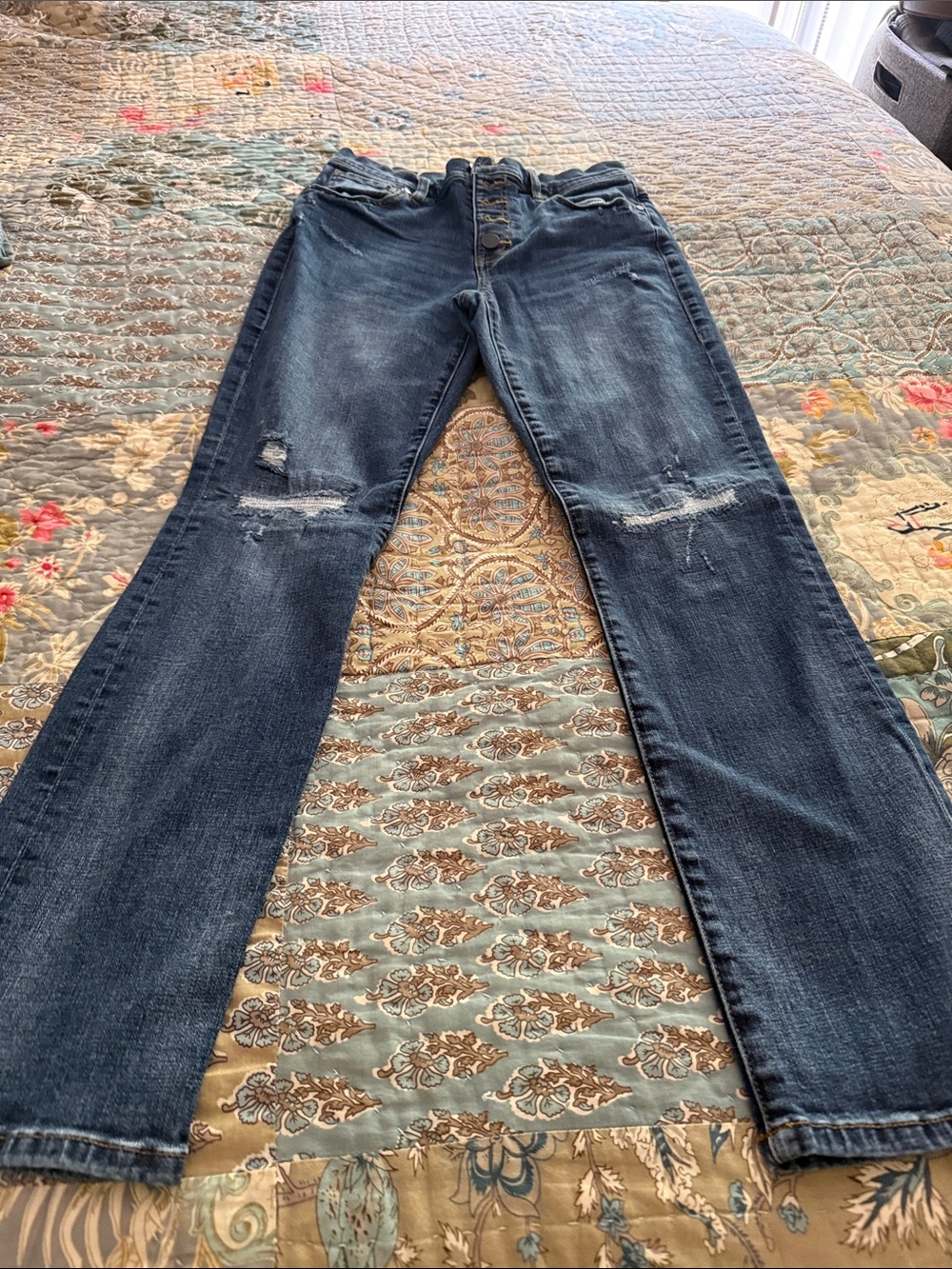 CAbi Dark Blue Distressed Straight-Leg Jeans